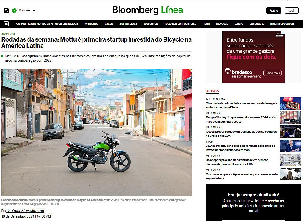 Rodadas da semana: Mottu  primeira startup investida do Bicycle na Amrica Latina